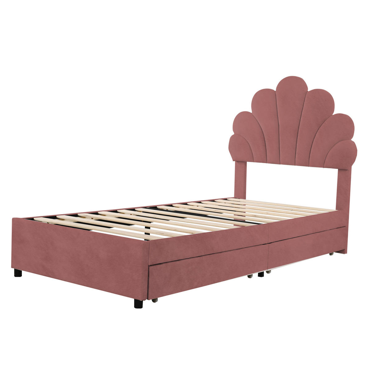 KINDERBETT 90/200 cm mit Lattenrost, 2 Schubladen und blütenförmigem Kopfteil, Rosa - Dunkelrosa, Textil (90/200cm) - Redom
