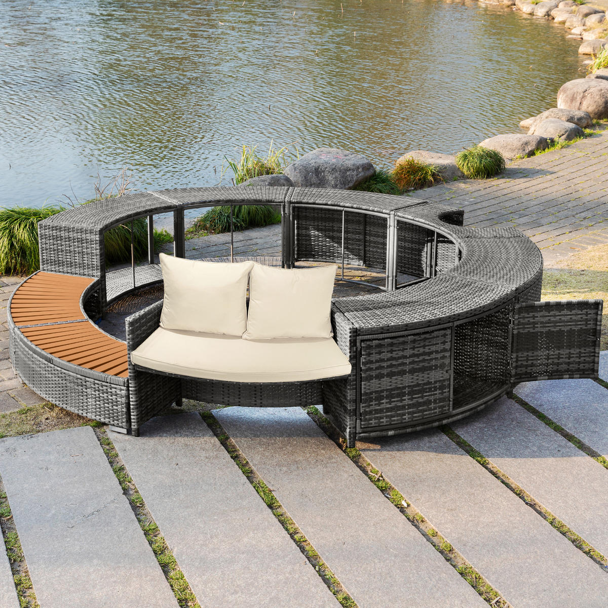OUTDOOR-LOUNGE-SET rund Rattan Ø283×55cm mit Stauraum Kissen Doppelsitzkissen - Grau, Naturmaterialien - Modfu