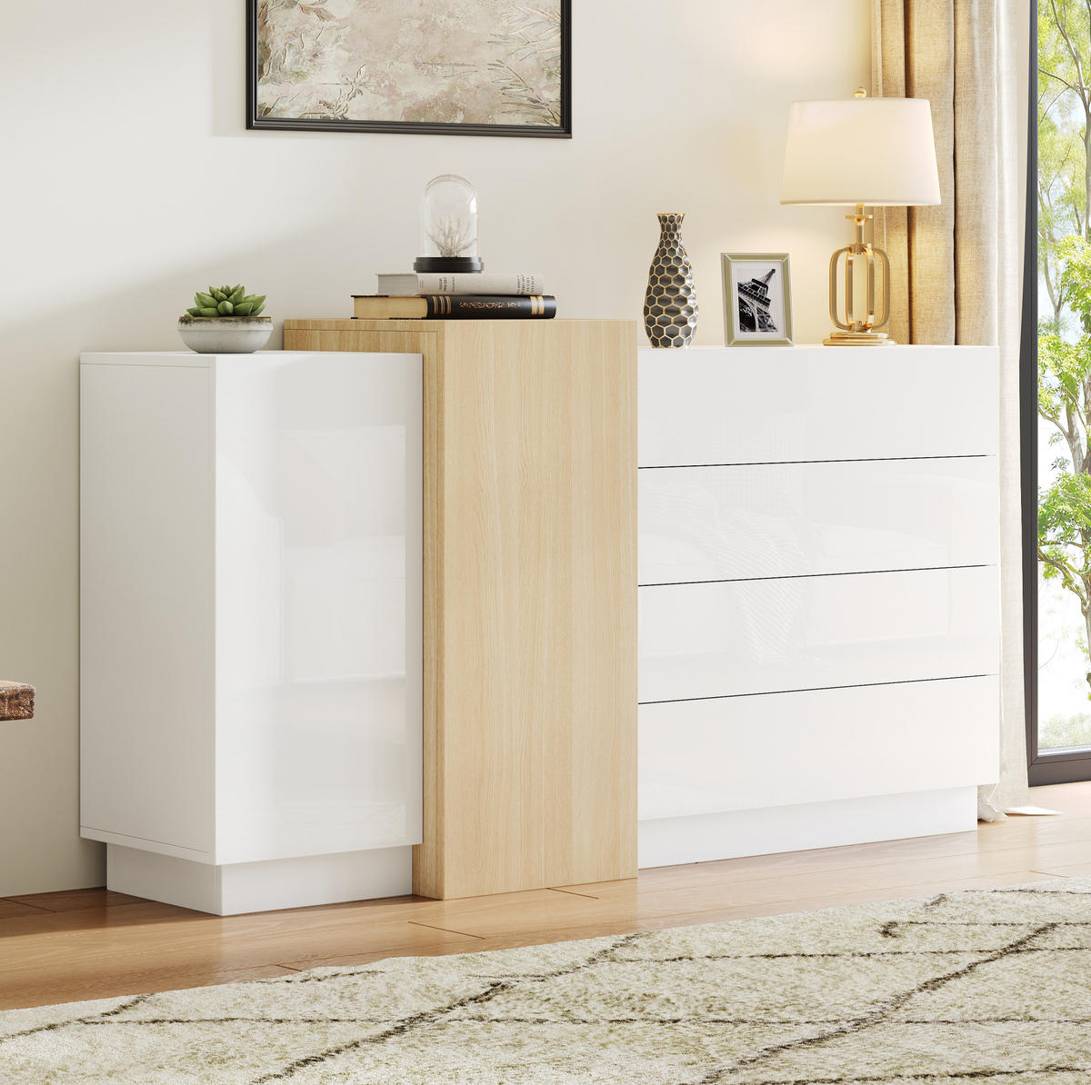 SIDEBOARD 140/35/76,5 cm mit 4 Schubladen, 2 Türen, Push-to-Open und Hochglanzfront, Weiß - Weiß, Holzwerkstoff (140/76.5/35cm) - Redom