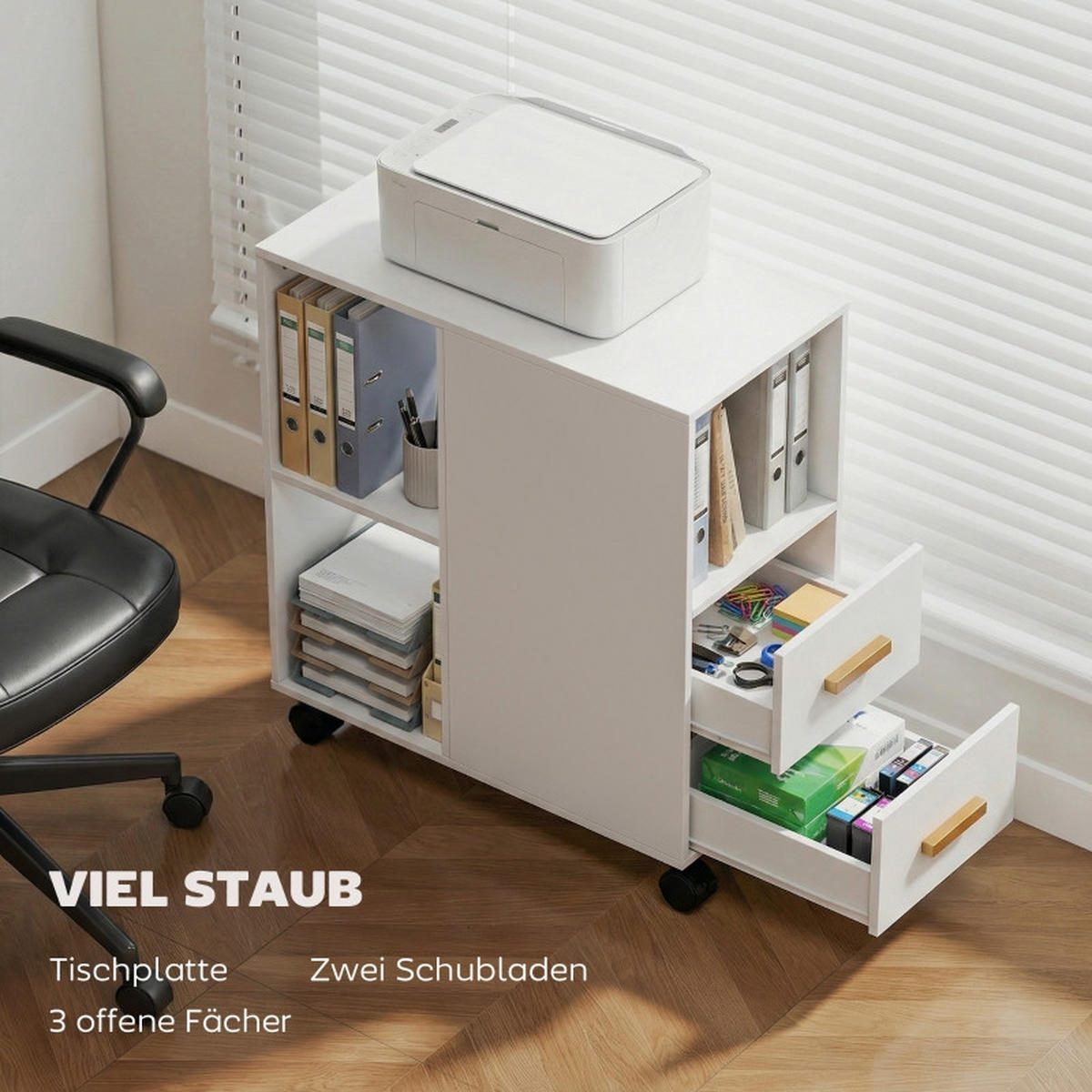 BÜCHERREGAL 60/30/65 cm mit 2 Schubladen, Rollen und verstellbarem Boden in Weiß - Weiß, Holz (60/65/30cm) - BEAOK