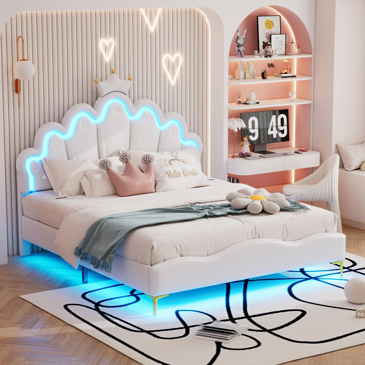 KINDERBETT 140/200 cm Weiß mit verstellbarem LED-Licht kronenförmiges Prinzessinnenbett - Weiß, Kunststoff (140/200cm) - OKWISH