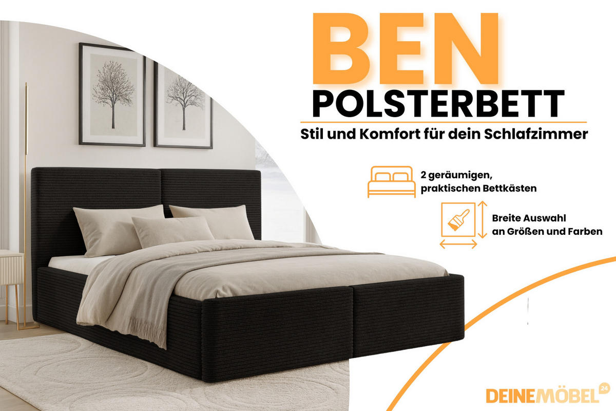 POLSTERBETT BEN 180/200 in Cord Schwarz - Schwarz, Holz/Holzwerkstoff (180/200cm) - Deine Möbel 24