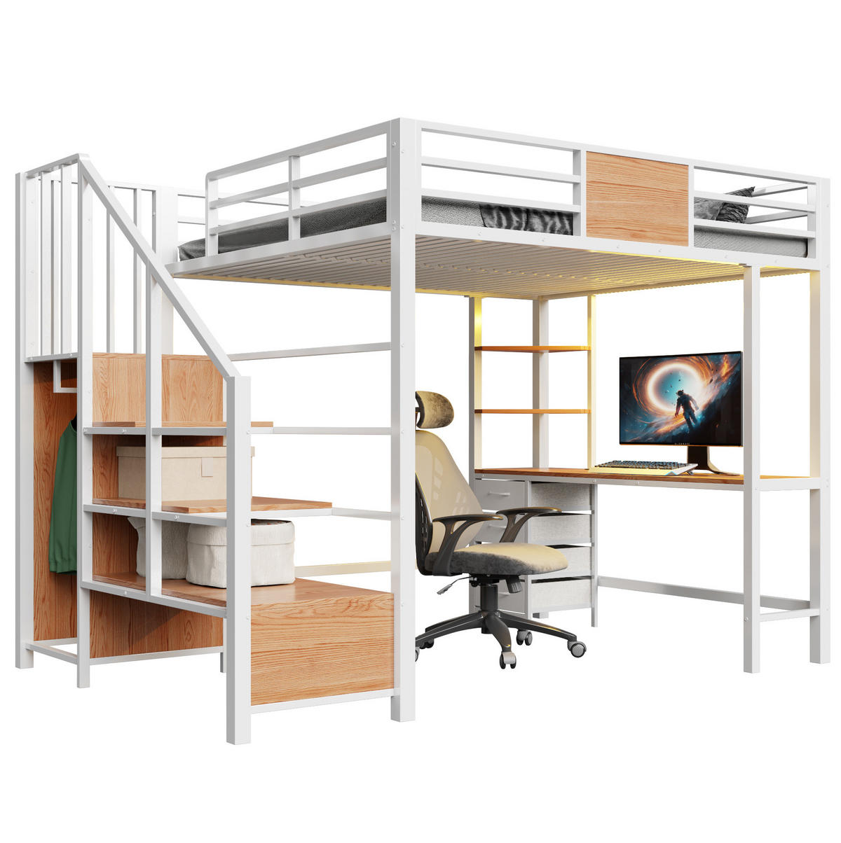 HOCHBETT 140/200 cm aus Metall und MDF mit Schreibtisch, Stauraum und LED-Beleuchtung Weiß - Weiß, Metall (140/200cm) - Modenvie