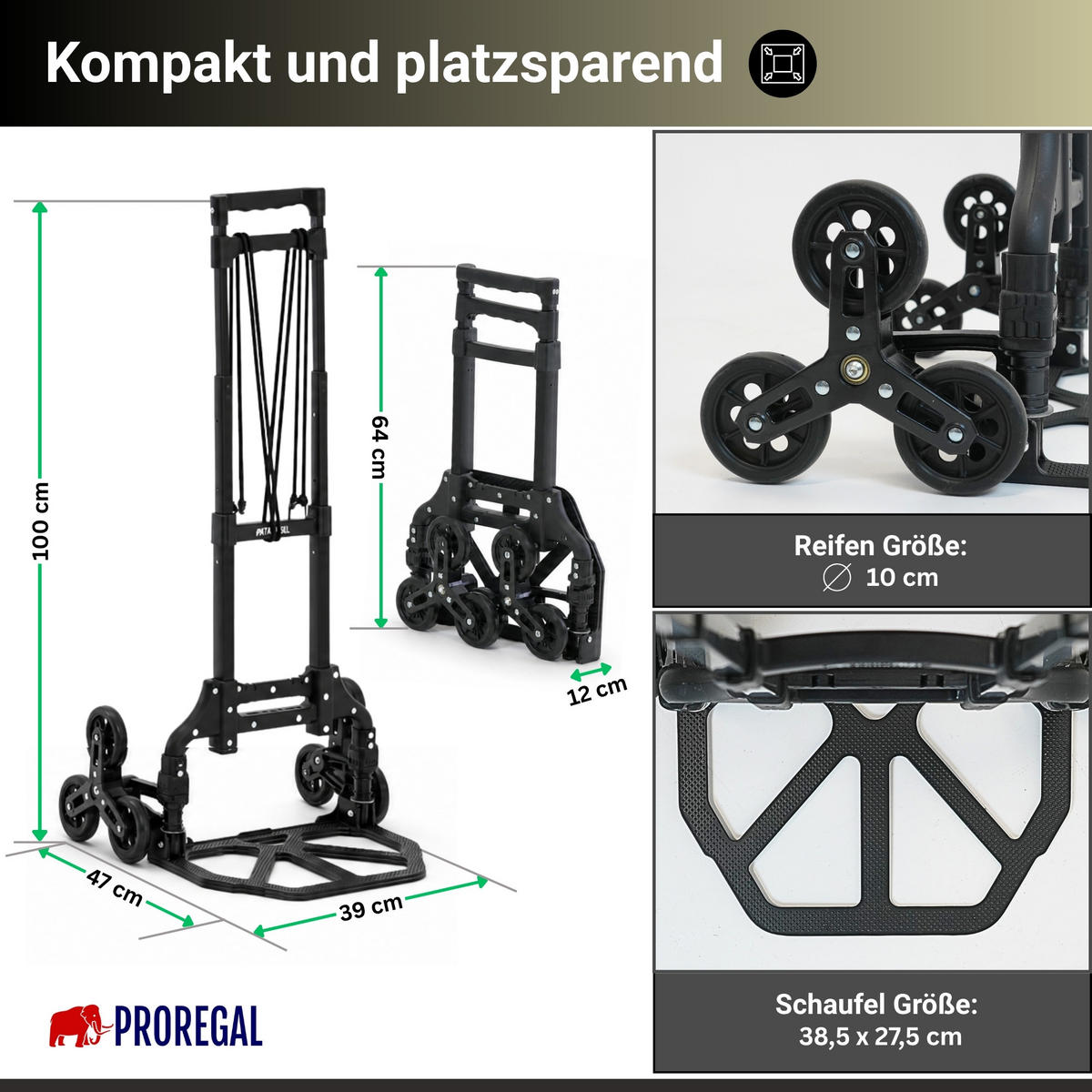 TREPPENSTEIGER Sackkarre Elephant klappbar 100x39x47cm Traglast 80kg AluminiumrahmenTRR Fachgummiräder Schwarz - Schwarz, Metall (47/39/100cm) - PROREGAL