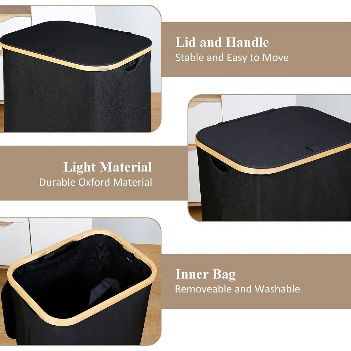WÄSCHEKORB mit Deckel 110L Schwarz - Schwarz, Textil (33/74/44cm)