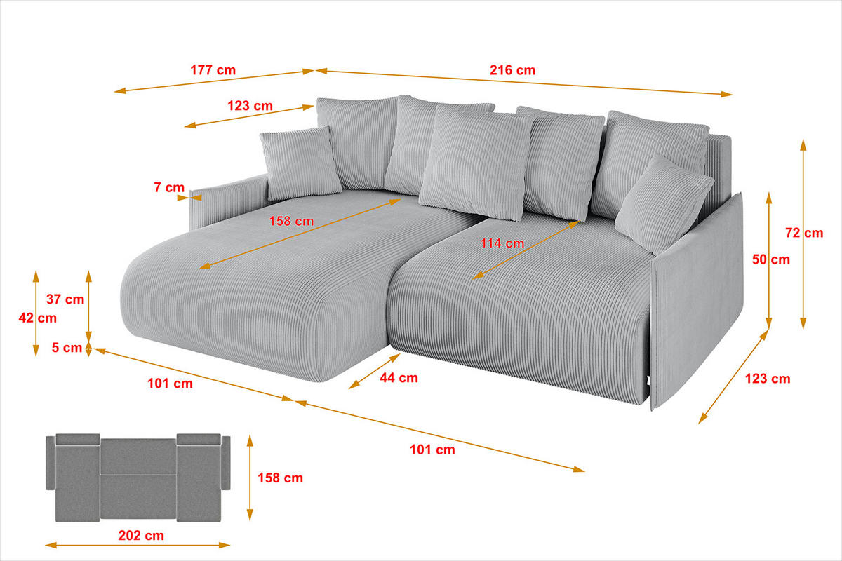 ECKSOFA mit Schlaffunktion und Bettkasten ONESK-L -v1 216x177x72 Grau Cord - Hellgrau/Grau, Holzwerkstoff/Kunststoff (216/177cm) - ALTDECOR