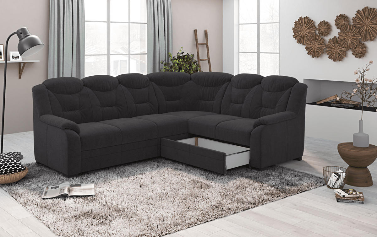 ECKSOFA mit Schlaffunktion und Bettkasten – weiches Chenille-Gewebe - Schwarz Hochglanz/Anthrazit, Holz/Kunststoff (211/263cm) - Cotta