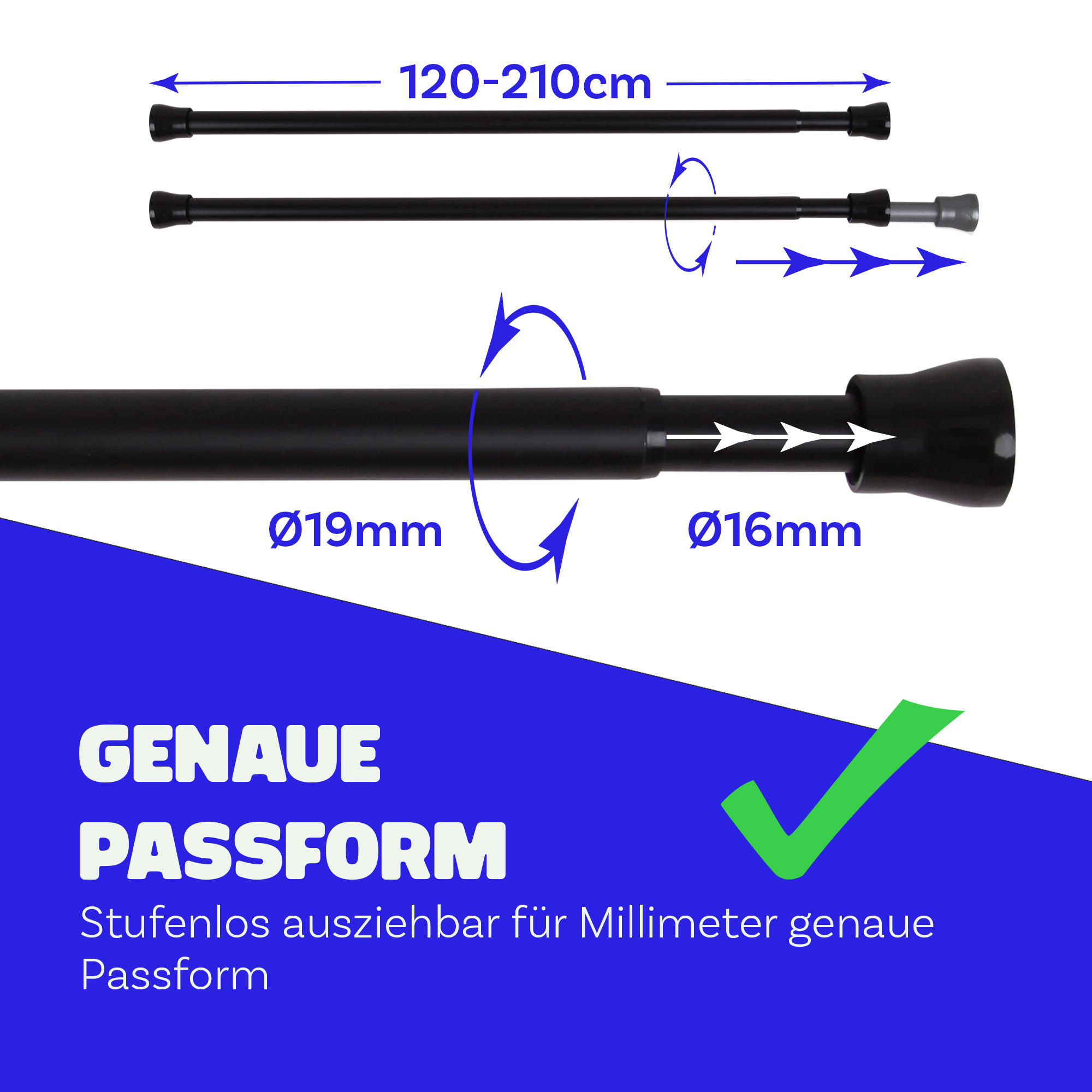 VERSTELLBARE Vorhangstange - Spannstange zum Klemmen Schwarz Ø16/19 mm 120-210 cm - Schwarz, Metall (120cm) - Bestlivings