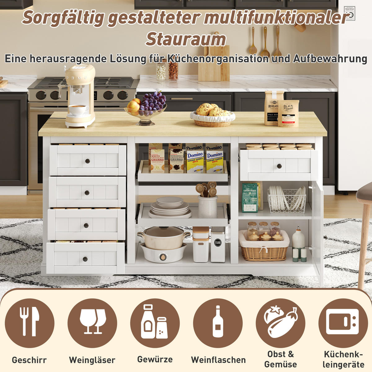 SIDEBOARD in Weiß Kücheninsel mit Schubladen und Ausziehböden für Küche, Esszimmer und Wohnzimmer, B150/T65/H75 cm - Weiß, Holzwerkstoff (150/75.5/65cm) - STILVORA