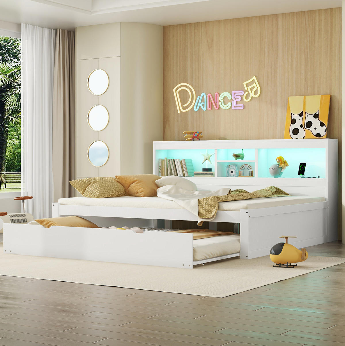 POLSTERBETT aus Spanplatte 140x200 cm in Weiß mit LED, USB, Steckdose & Ausziehbett - Weiß, Holzwerkstoff (140/200cm) - Modfu