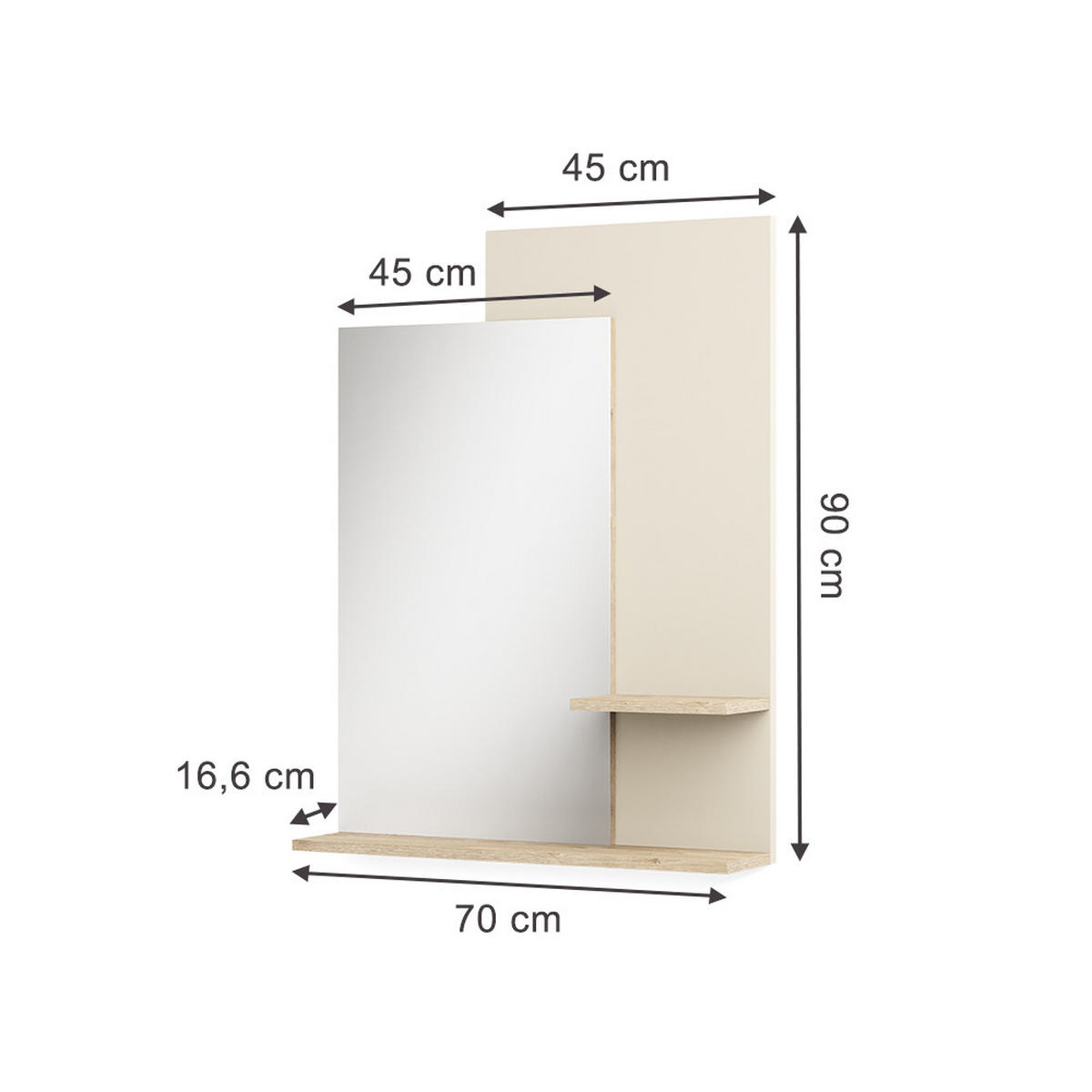 WANDSPIEGEL Puerto, Eiche/Cashmere, 70 x 90 cm - Kaschmir/Eichefarben, Holzwerkstoff (70/90/16.6cm) - Vicco