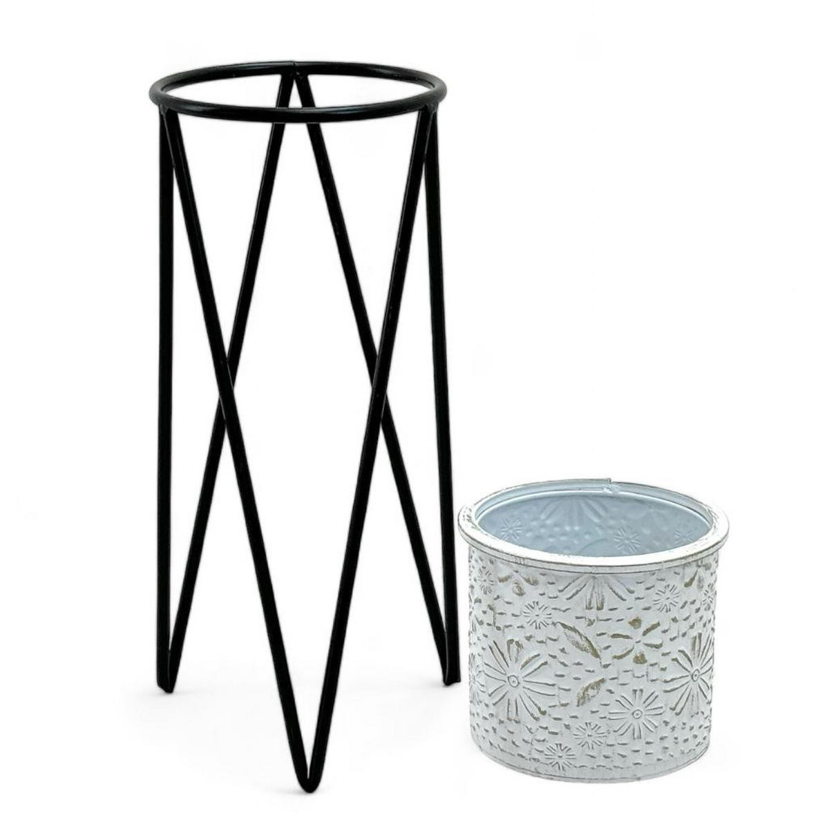 BLUMENHOCKER mit Topf Metall Schwarz/Weiß 24/24/50 cm - Schwarz, Metall (24/50/24cm) - DanDiBo