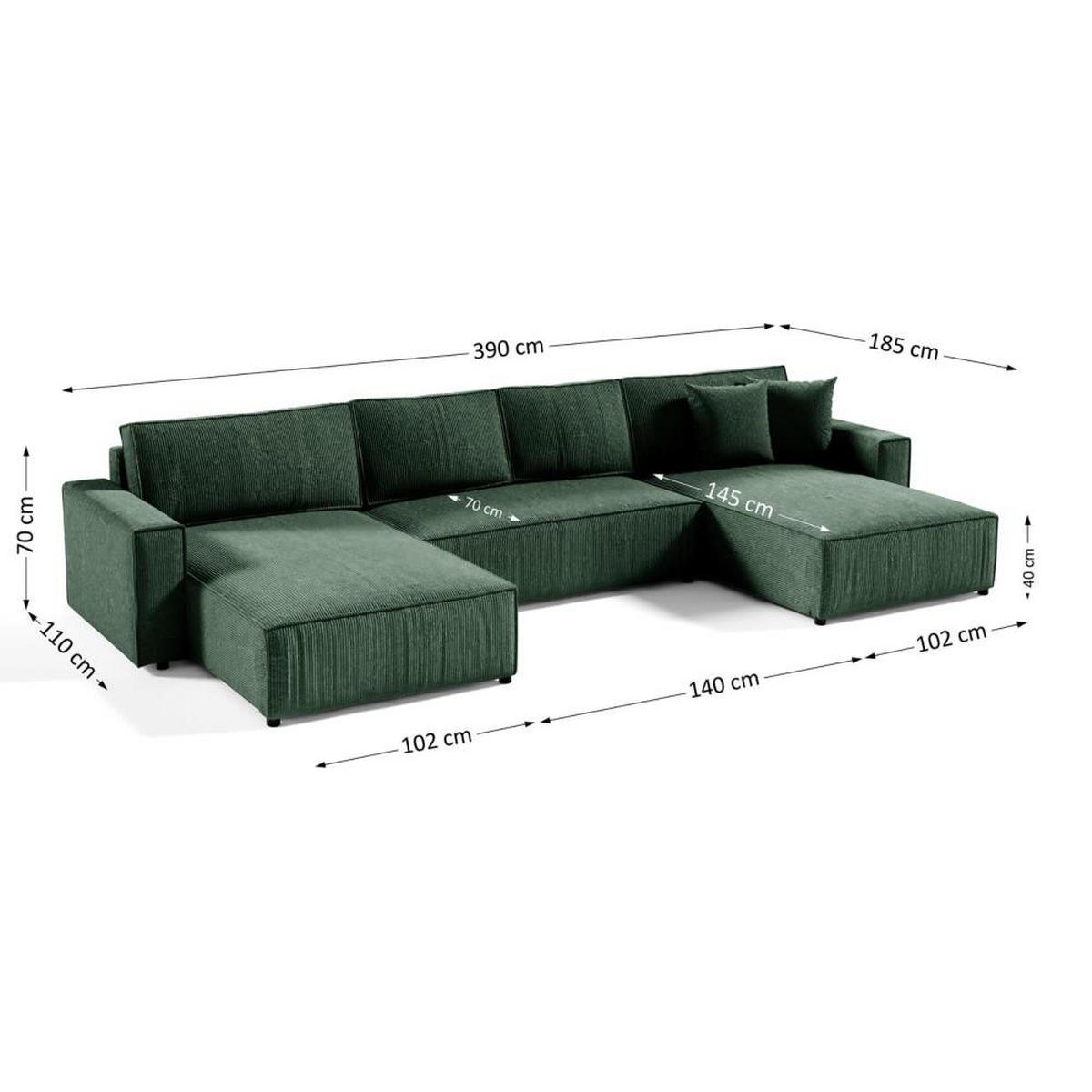 WOHNLANDSCHAFT Parys U mit Schlaffunktion grün - Schwarz/Grün, Kunststoff/Textil (390/70/185cm) - Beautysofa