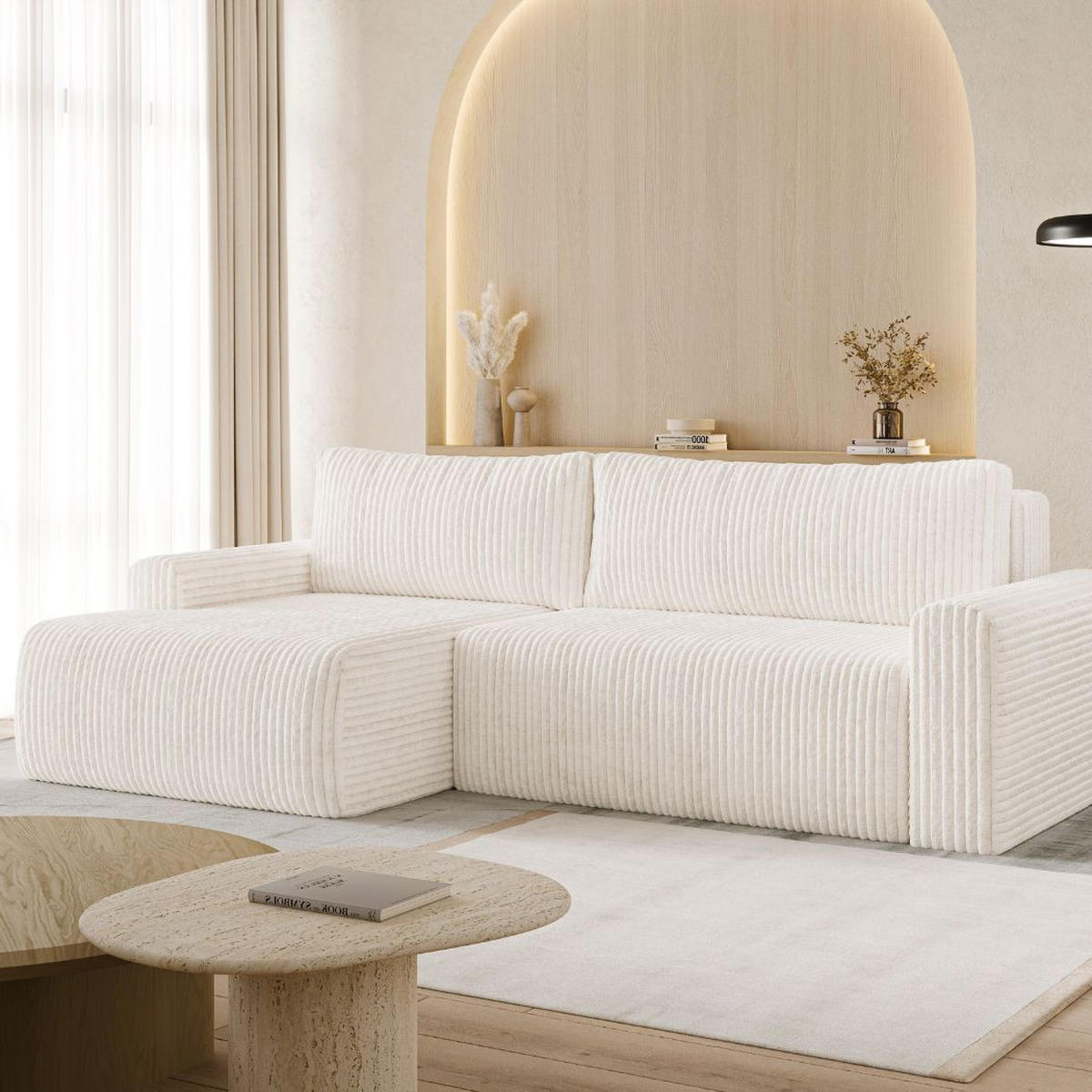 ECKSOFA MILO LARGE mit Schlaffunktion, Bettkasten und Cordbezug, Links - TILIA 01 (cremeweiß) - Creme, Holz (270/142cm) - Dekori_Interiors