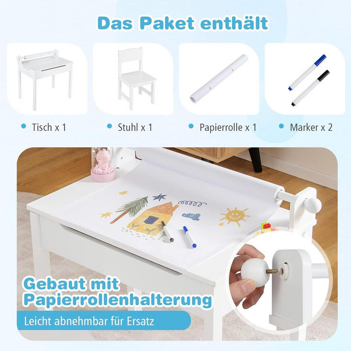 KINDERSCHREIBTISCH mit Stuhl weiß(2-tlg) - Weiß, Holzwerkstoff (66/58/40cm) - COSTWAY