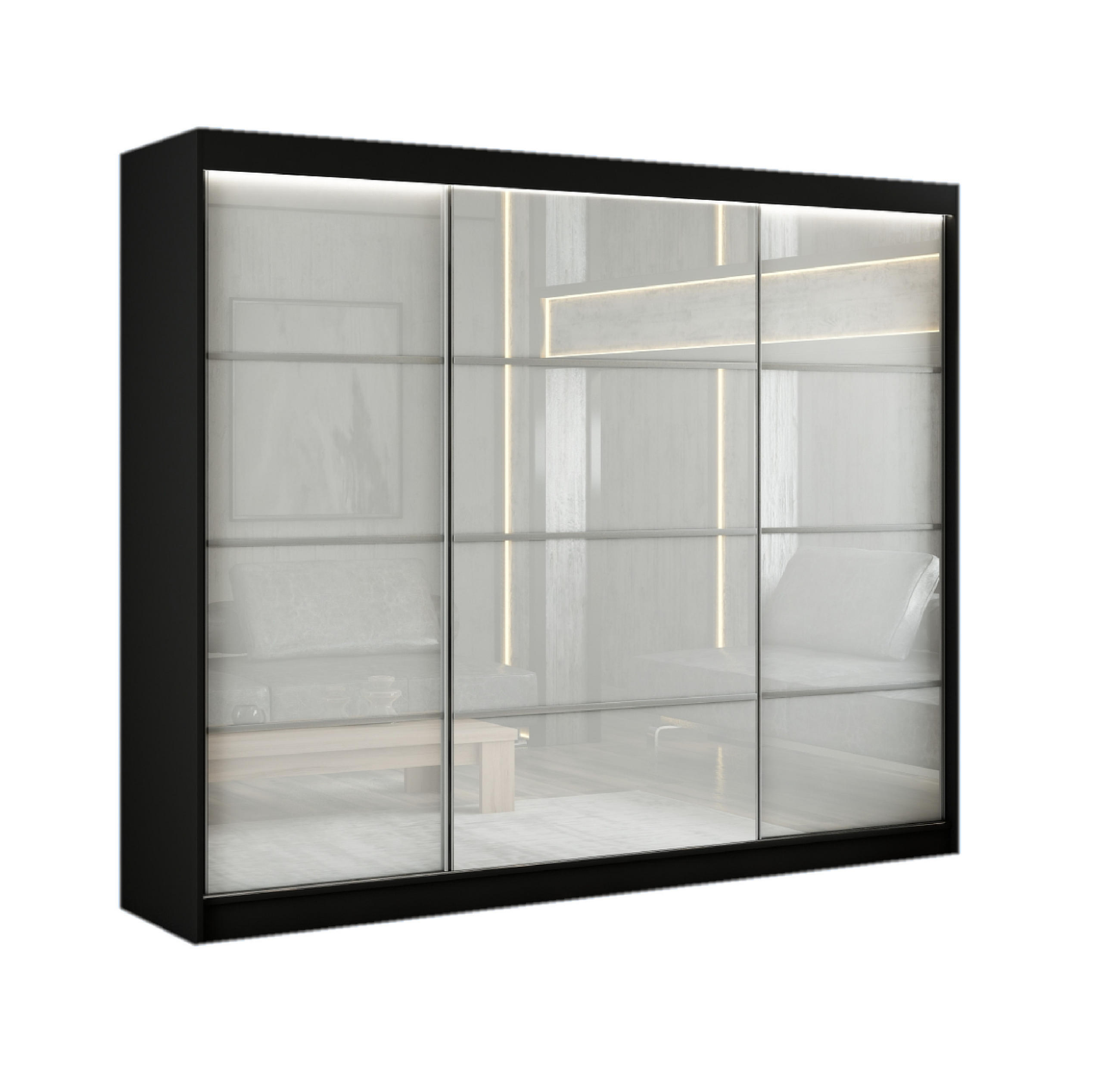 SCHWEBETÜRENSCHRANK Porto III 250 cm 3-türig, schwarz, lacobel weiß, Sprosse - Schwarz/Weiß, Kunststoff (250/215/61cm) - Margaret Hadas24
