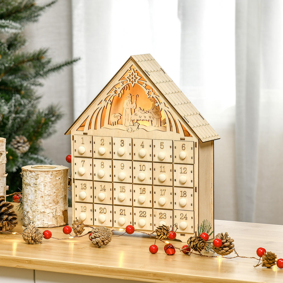 WEIHNACHTS-ADVENTSKALENDER - Naturfarben, Holz (6/30/26.6cm) - HOMCOM