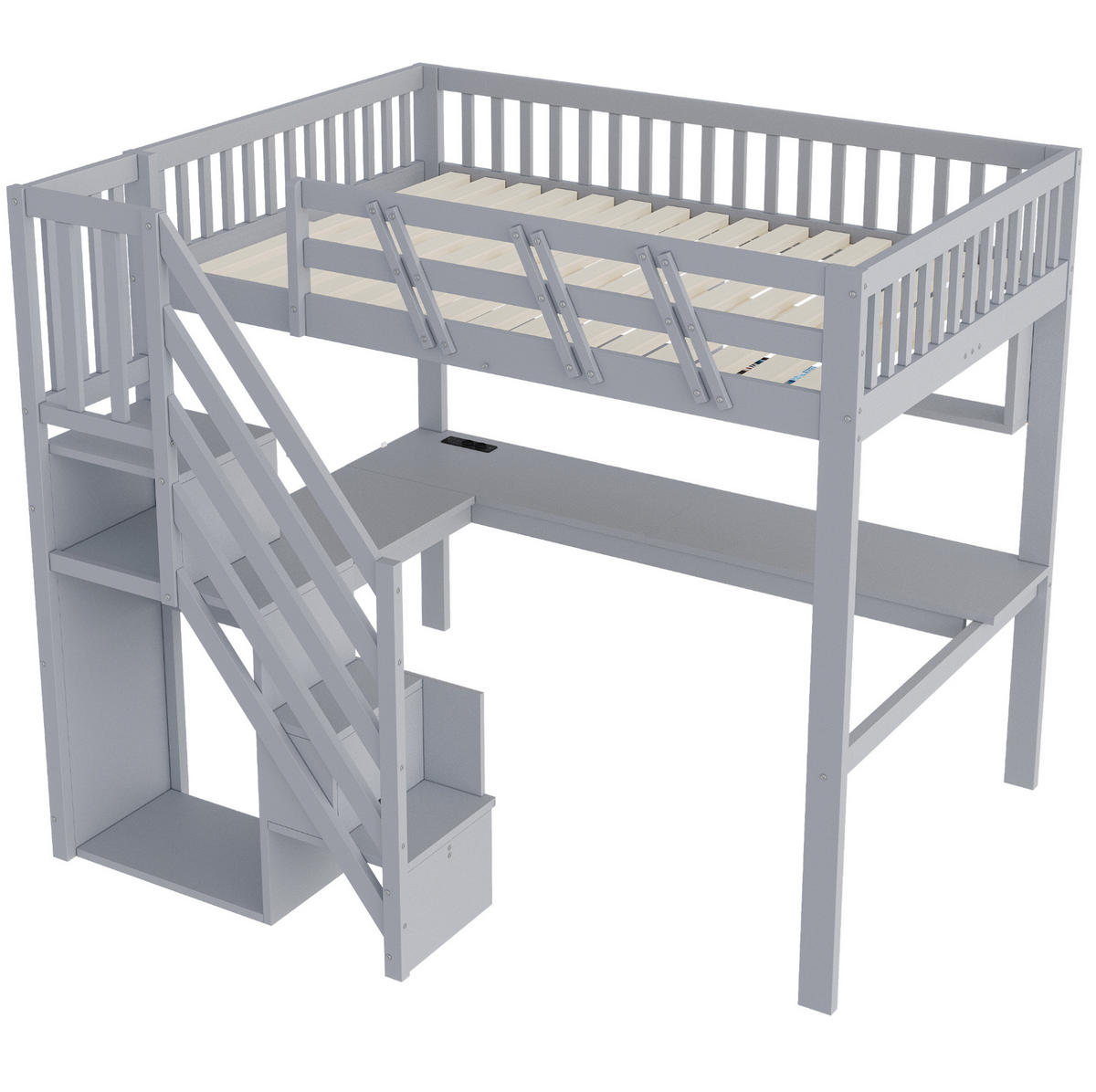 HOCHBETT 140x200 cm Grau mit Schreibtisch, Stauraumtreppe, LED-Beleuchtung und Steckdosen - Grau, Holz (140/200cm) - IVMEU