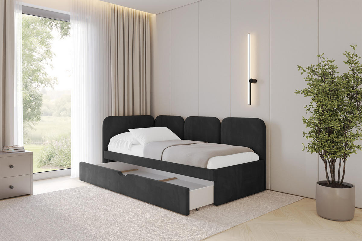 EINZELLBETT Jugendbett mit Bettkasten, Rechts - ALVY 80x200 Schwarz - Schwarz, Holzwerkstoff/Textil (80/200cm) - ALTDECOR