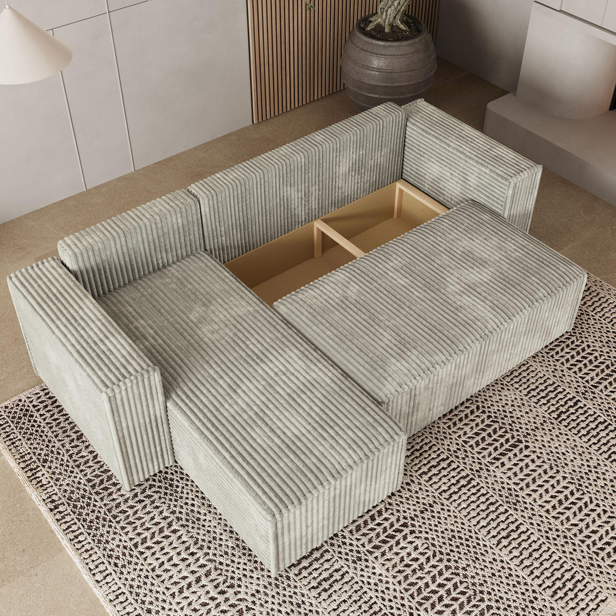 ECKSOFA RAVELO T Hellgrau Kordstoff mit Schlaffunktion - Hellgrau, Holz (240/140cm) - MASSENO