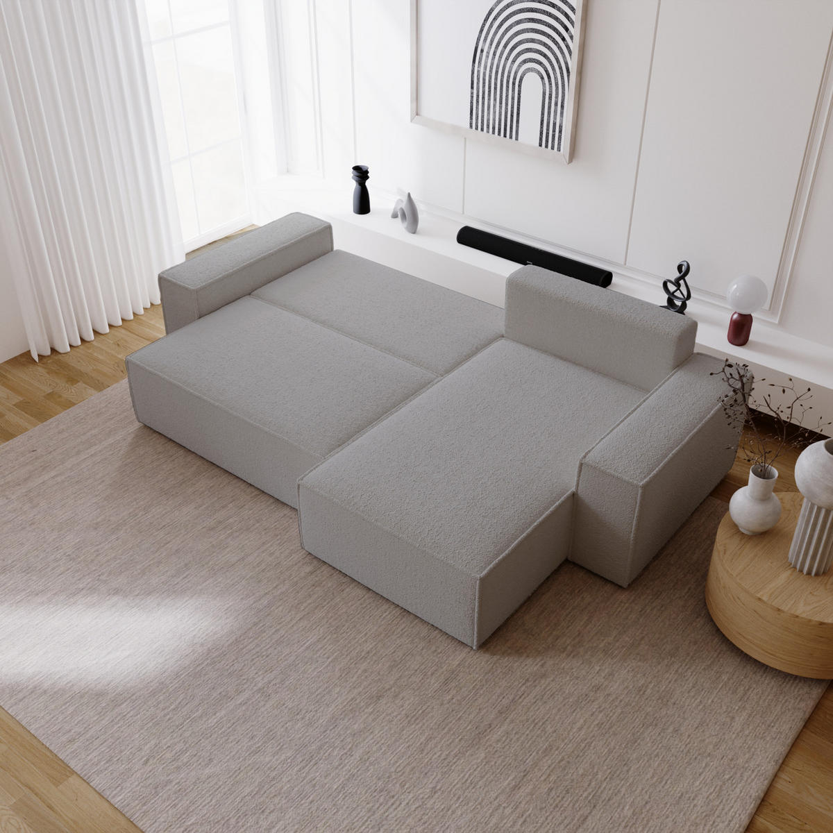 ECKSOFA Bouclé 280 cm Bergamo L mit Bettkasten, Schlaffunktion, Rechts - Hellgrau - Hellgrau, Holz (189/277cm) - Emporius