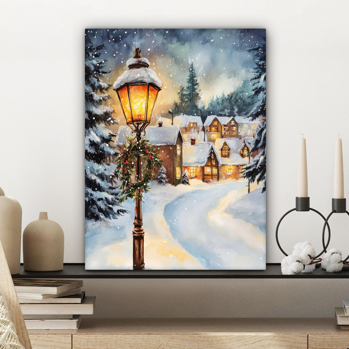 LEINWANDBILD Weihnachtsdorf - Häuser - Schnee - Weihnachten Room Decor 30x40 cm - Sandfarben, Textil (30/40cm) - MuchoWow