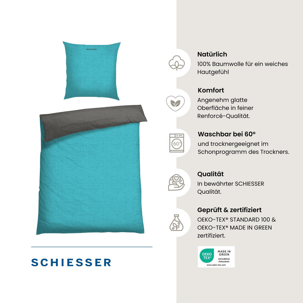 BETTWÄSCHESET Doubleface - Renforcé - 2-teilig - 155 x 220 cm - Türkis-Dunkelgrau - Türkis/Dunkelgrau, Textil (155/220cm) - SCHIESSER