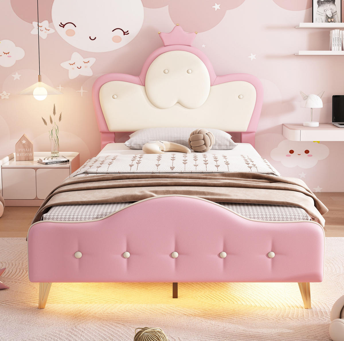 POLSTERBETT 90/200 cm in Rosa/Weiß mit LED-Beleuchtung und Kronen-Kopfteil - Weiß, Kunststoff (90/200cm) - Flora Grace