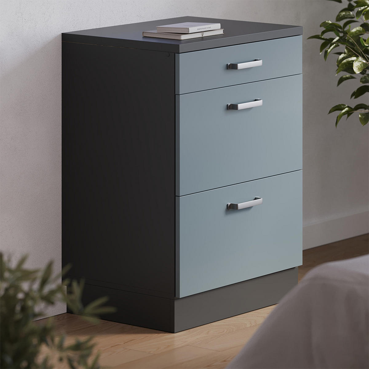 KUHINJSKA OMARA ZA POŠEVNE STREHE R-Line, Modro-siva, 60 cm brez naklona z 3 predaloma - antracit/modrosiva, leseni material (60/83.8/46cm) - Vicco