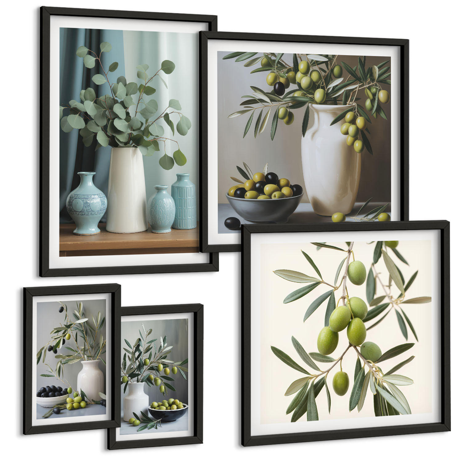 BILDER SET 5er Set - 50x50 cm & 20x30 cm & 40x60 cm Schwarzer Rahmen - Oliven in Vasen in gedeckten Farben - Schwarz, Kunststoff (40/60cm) - TULUP