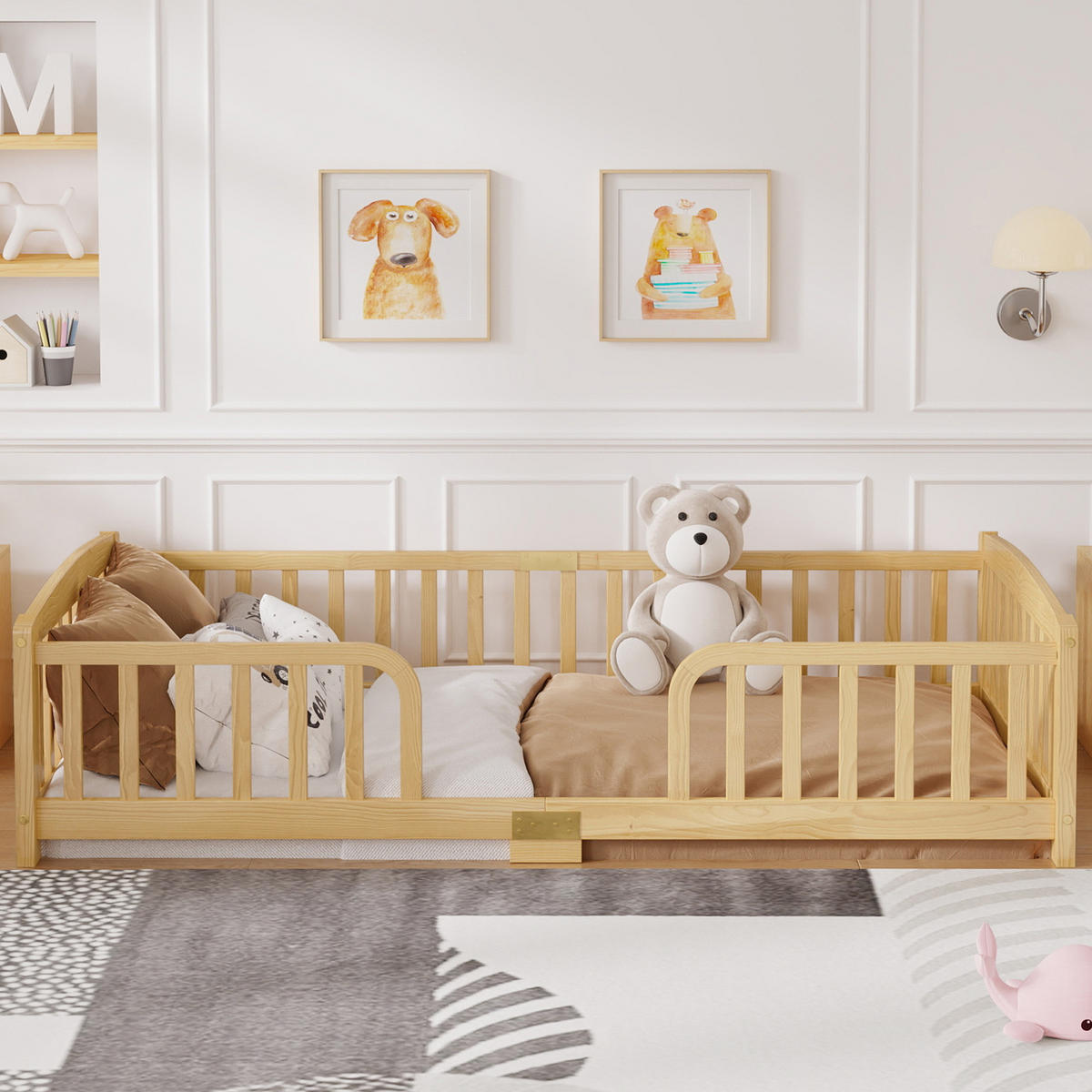 KINDERBETT, Bodenbett 90x200 cm mit Rausfallschutz aus Kiefer, Natur - Naturfarben, Holz/Holzwerkstoff (90/200cm) - LVHOM