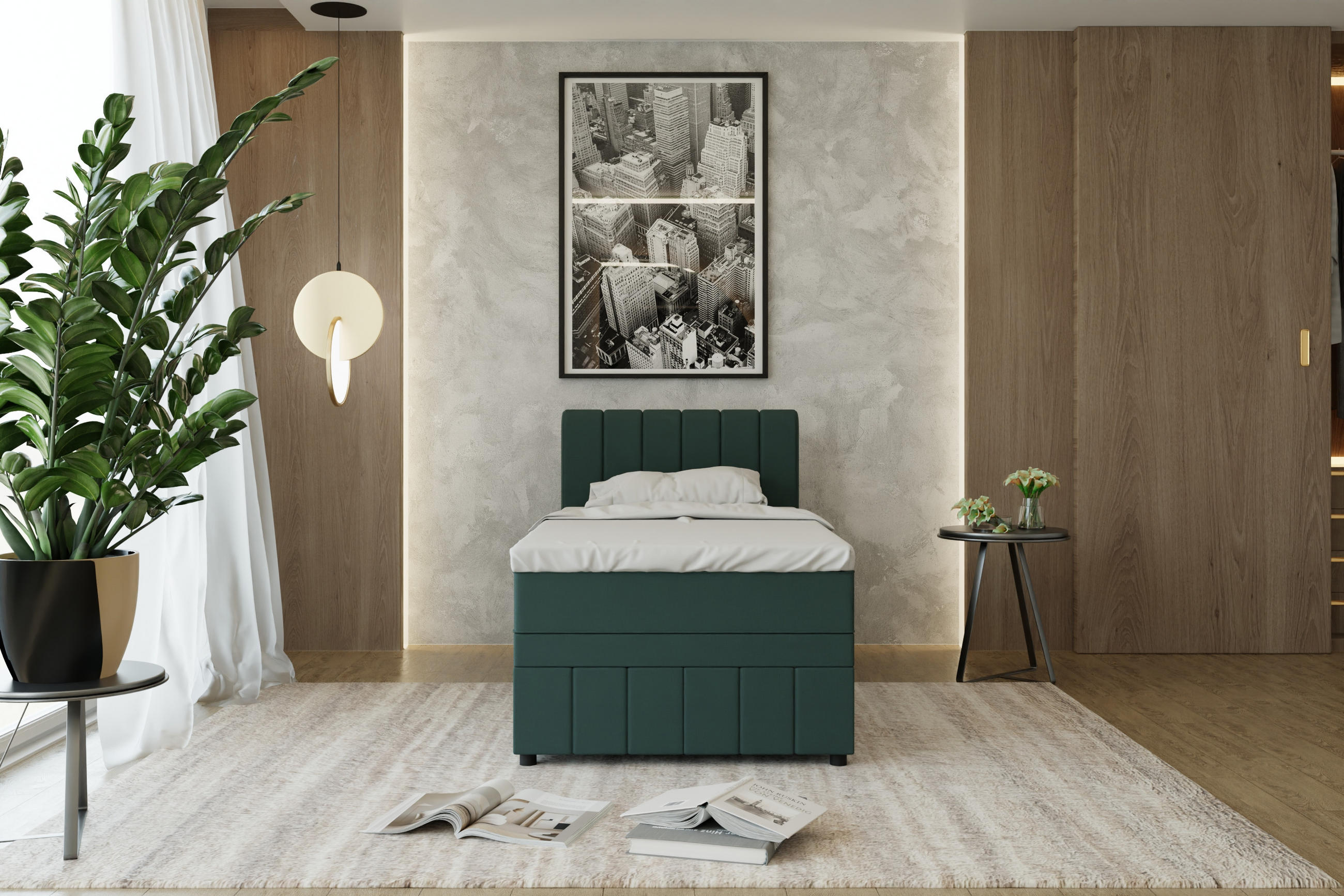BOXBETT AVALON 100 x 200 cm mit Bettkasten und Topper - Dunkelgrün - Dunkelgrün, Holz - Panda Möbel