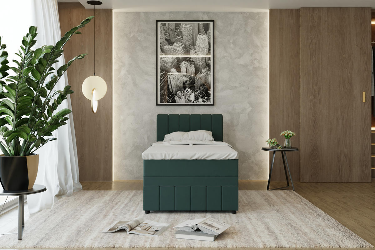 BOXBETT AVALON 100 x 200 cm mit Bettkasten und Topper - Dunkelgrün - Dunkelgrün, Holz - Panda Möbel