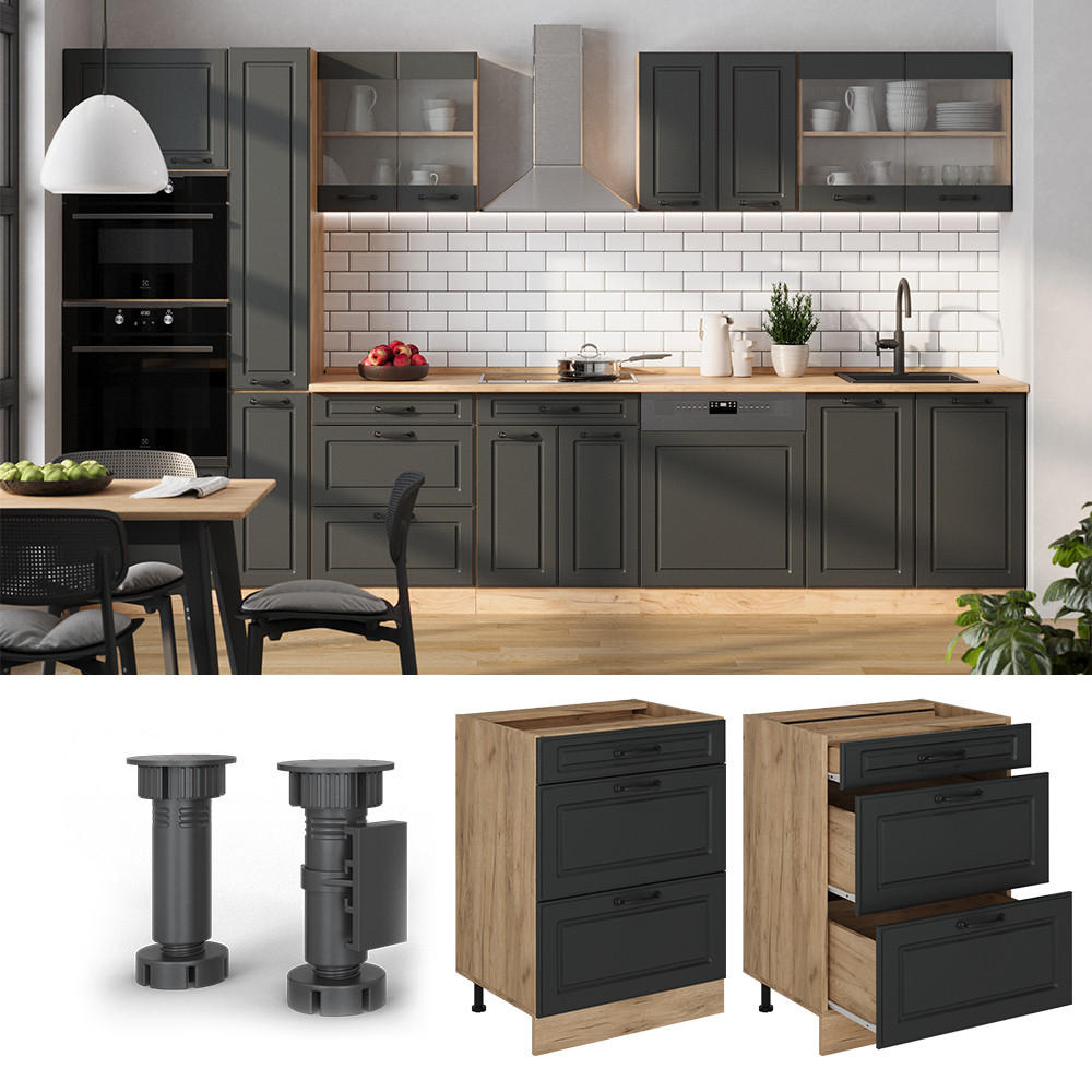 KÜCHENUNTERSCHRANK R-Line Anthrazit Landhaus 60 cm mit Schubladen, ohne Arbeitsplatte - Honigeiche/Anthrazit, Holzwerkstoff (60/81.6/46cm) - Vicco