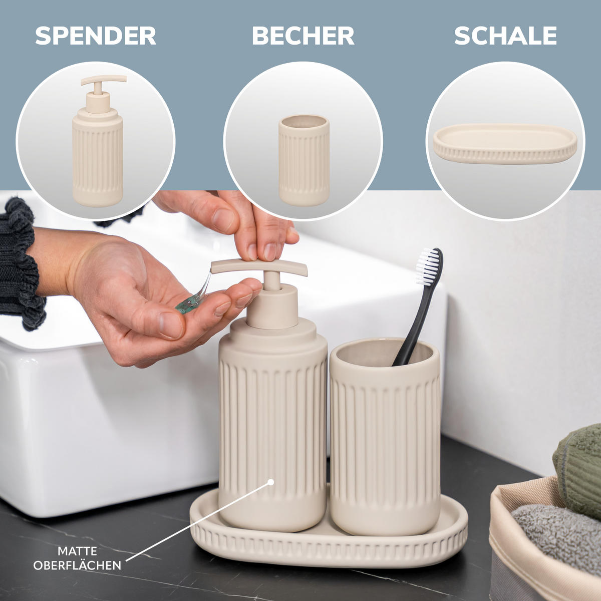 BAD-ACCESSOIRES-SET CASCINA, Soft-Touch, beige - Beige, Keramik (7/18/7cm) - eluno