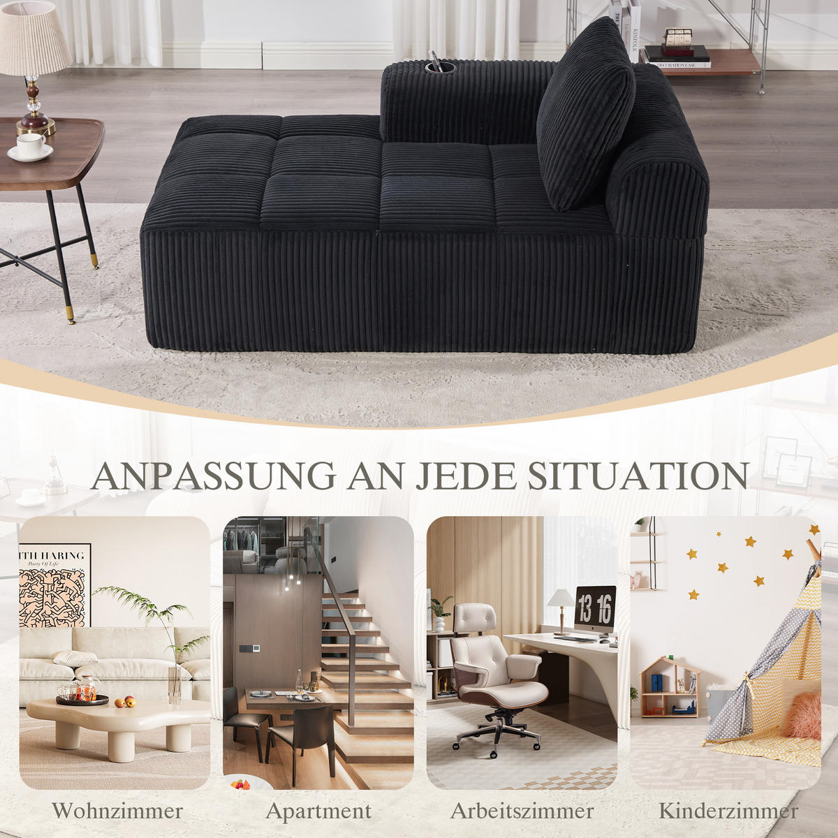 CHAISELONGUE in Cord (158 cm) mit Getränkehalter & Seitentaschen - Schwarz, Textil (158/61/93cm) - Urban Meuble