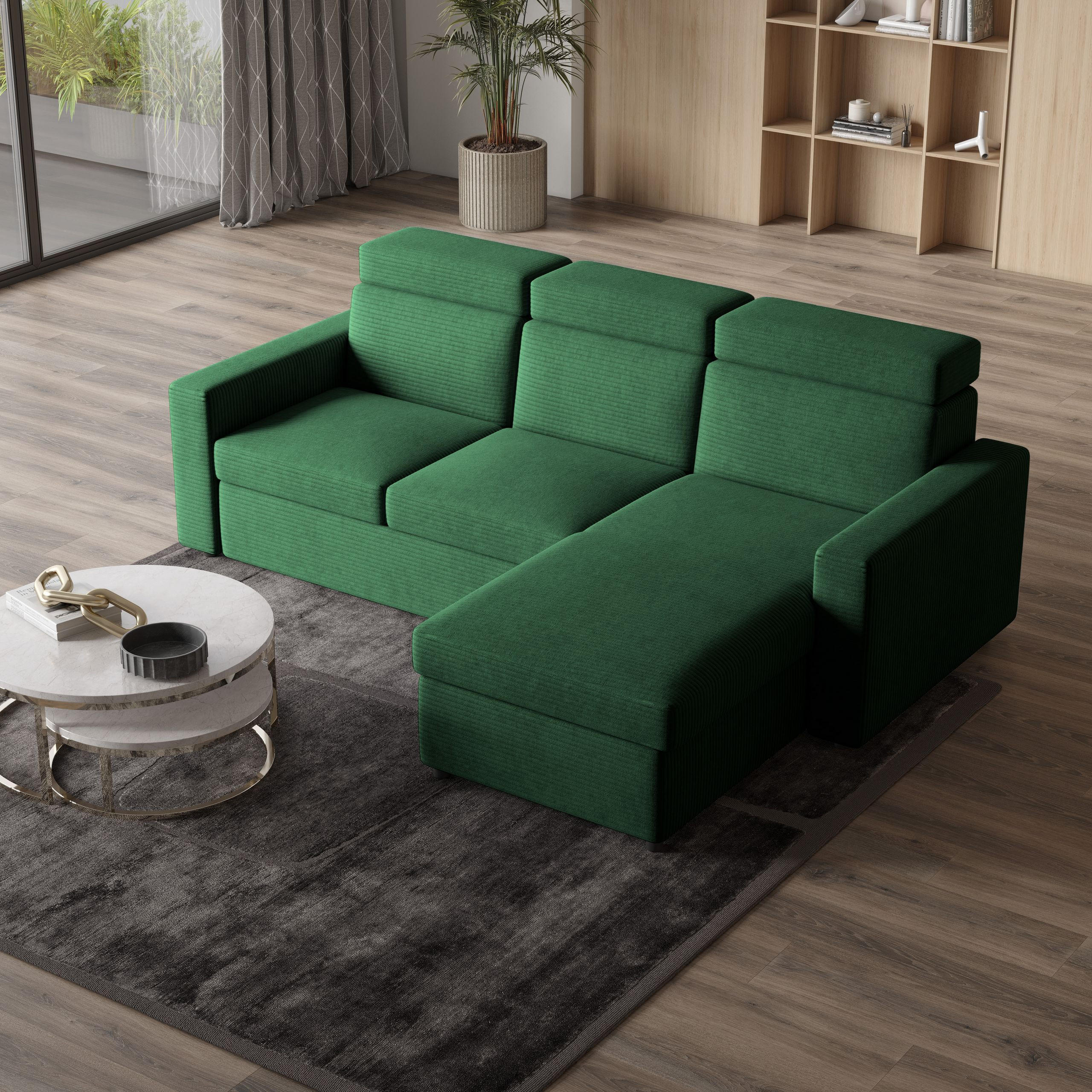 ECKSOFA PADWA Grün Kordstoff mit Schlaffunktion - Grün, Holz (227/168cm) - MASSENO