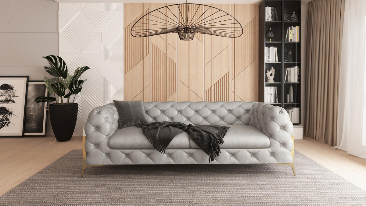 SITZGARNITUR 3+2+1 Chesterfield Vertex Grau Samt - Goldfarben/Grau, Holz/Textil (225/75/100cm) - S-Style Möbel