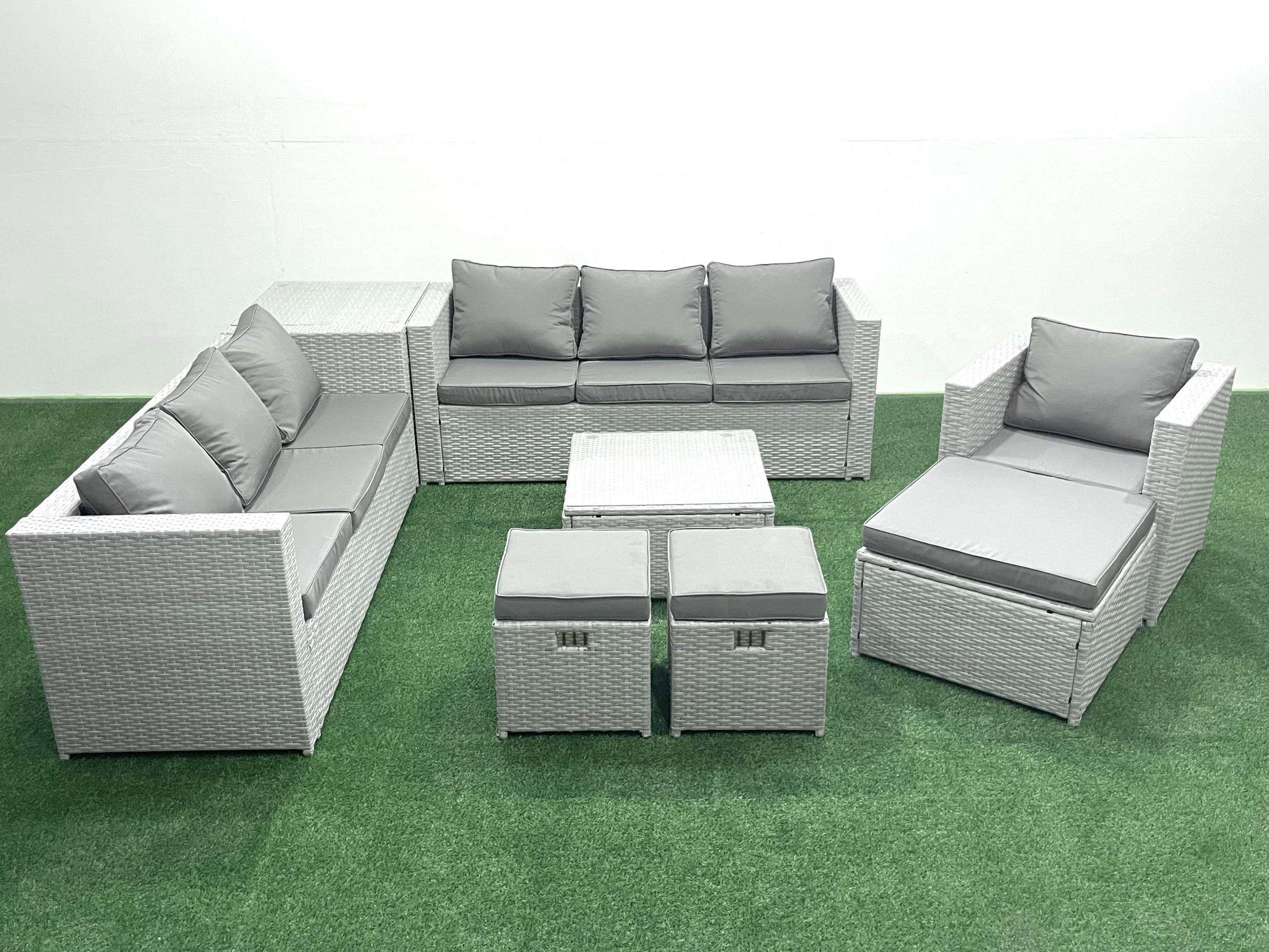 GARTENMÖBEL-SET mit Kissen Polyrattan Hellgrau-Mix 10-Sitzer - Hellgrau/Grau, Glas/Kunststoff - Fimous
