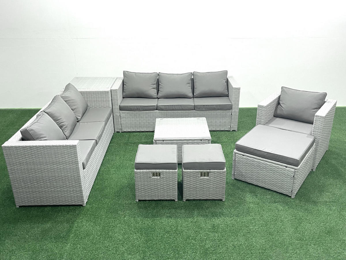 GARTENMÖBEL-SET mit Kissen Polyrattan Hellgrau-Mix 10-Sitzer - Hellgrau/Grau, Glas/Kunststoff - Fimous
