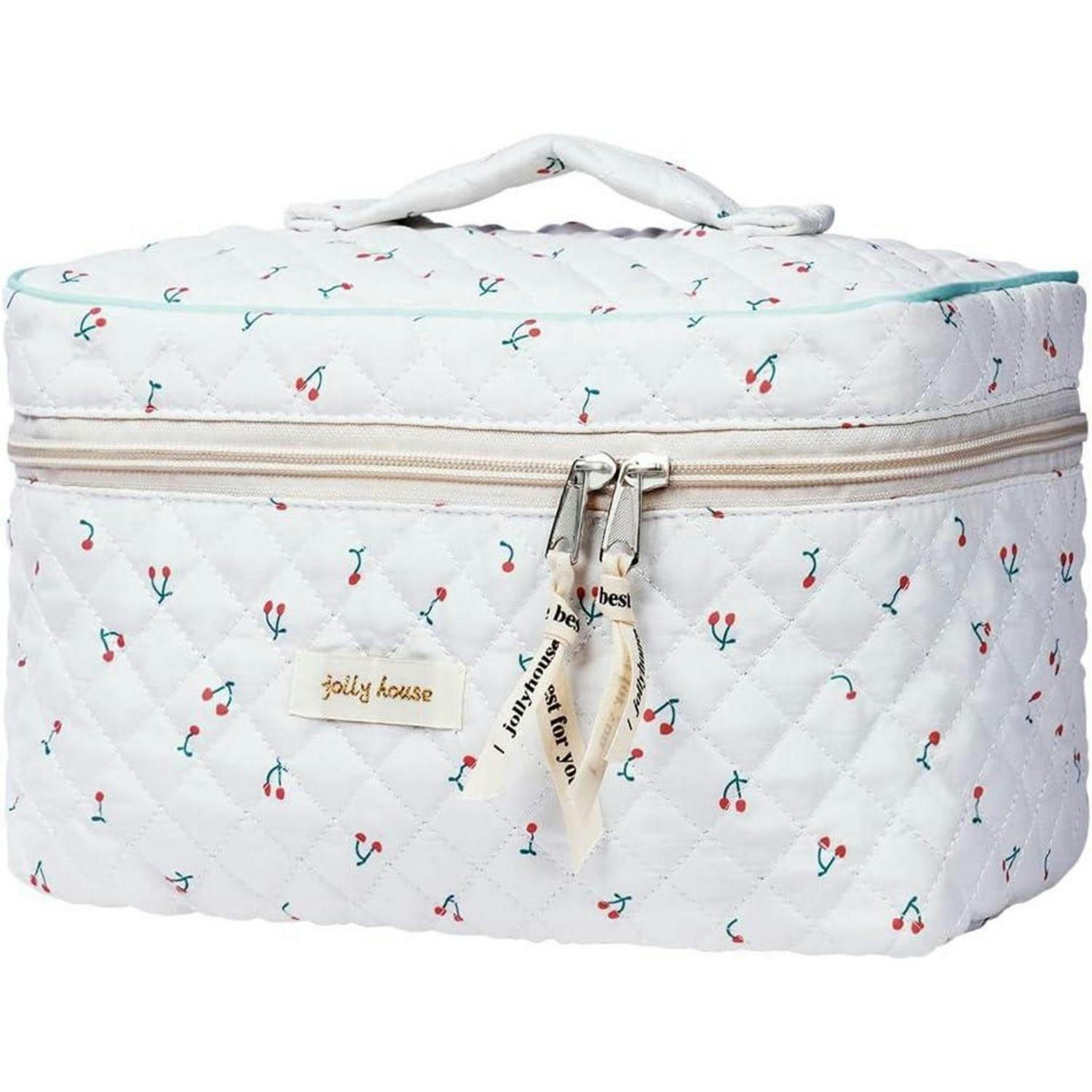 KULTURTASCHE Damen Weiß Kirsche gesteppt Baumwolle Flip-Cover - Multicolor, Textil (16/16/27cm)