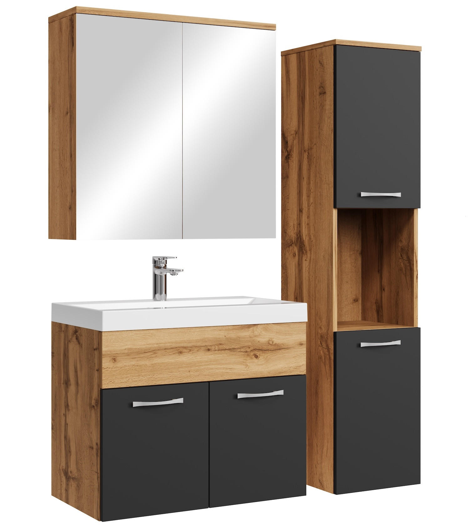 BADMÖBEL-SET Montreal 4 Teile Eiche / Schwarz Spiegelschrank - 60 x 35 x 51 cm - Eichefarben/Schwarz, Holz (60/51/35cm) - Badplaats