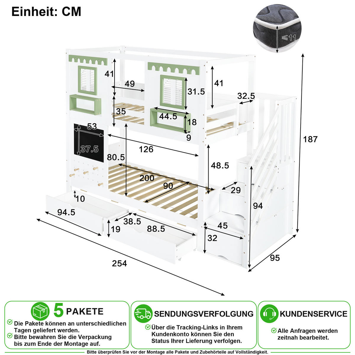 ETAGENBETT 90/200 cm in Weiß & Grün mit Treppenregal, 2 Schubladen und Lochbrett - Weiß/Grün, Holz/Holzwerkstoff (90/200cm) - CHICFURN