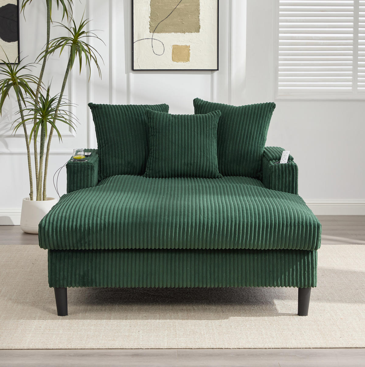 CHAISELONGUE mit LED, USB und Stauraum 129 x 170 cm Cord Emerald - Smaragdgrün, Holz (170/70/129cm) - Meubliv