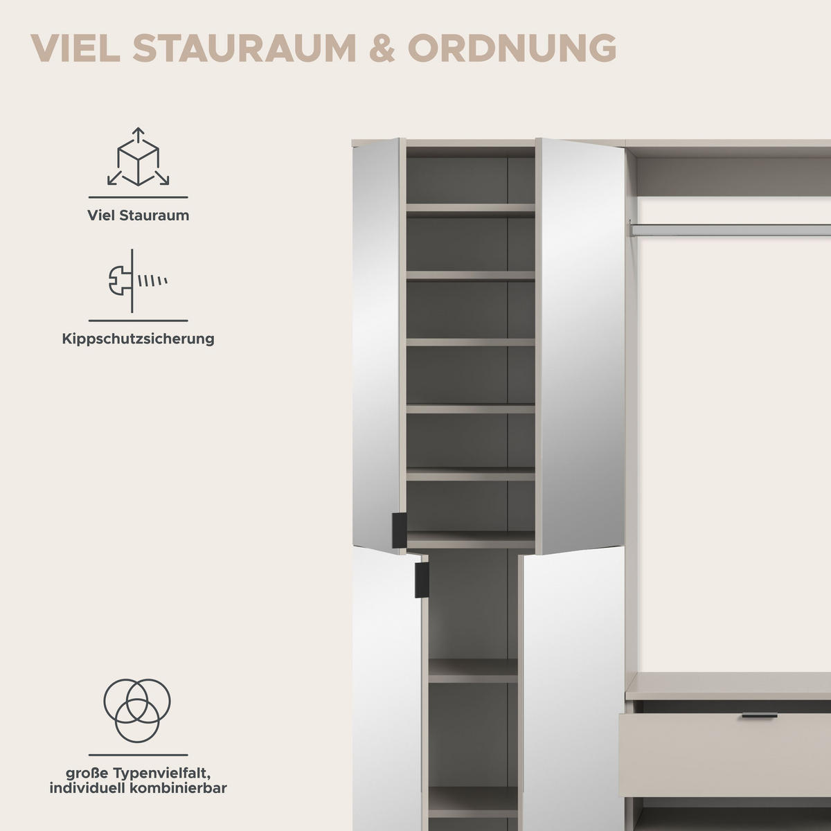 GARDEROBE Nexus 3-tlg. (B/H/T: ca. 212/193/34 cm) in Kaschmir/Kaschmir - Kaschmir, Holzwerkstoff (212/193/34cm)