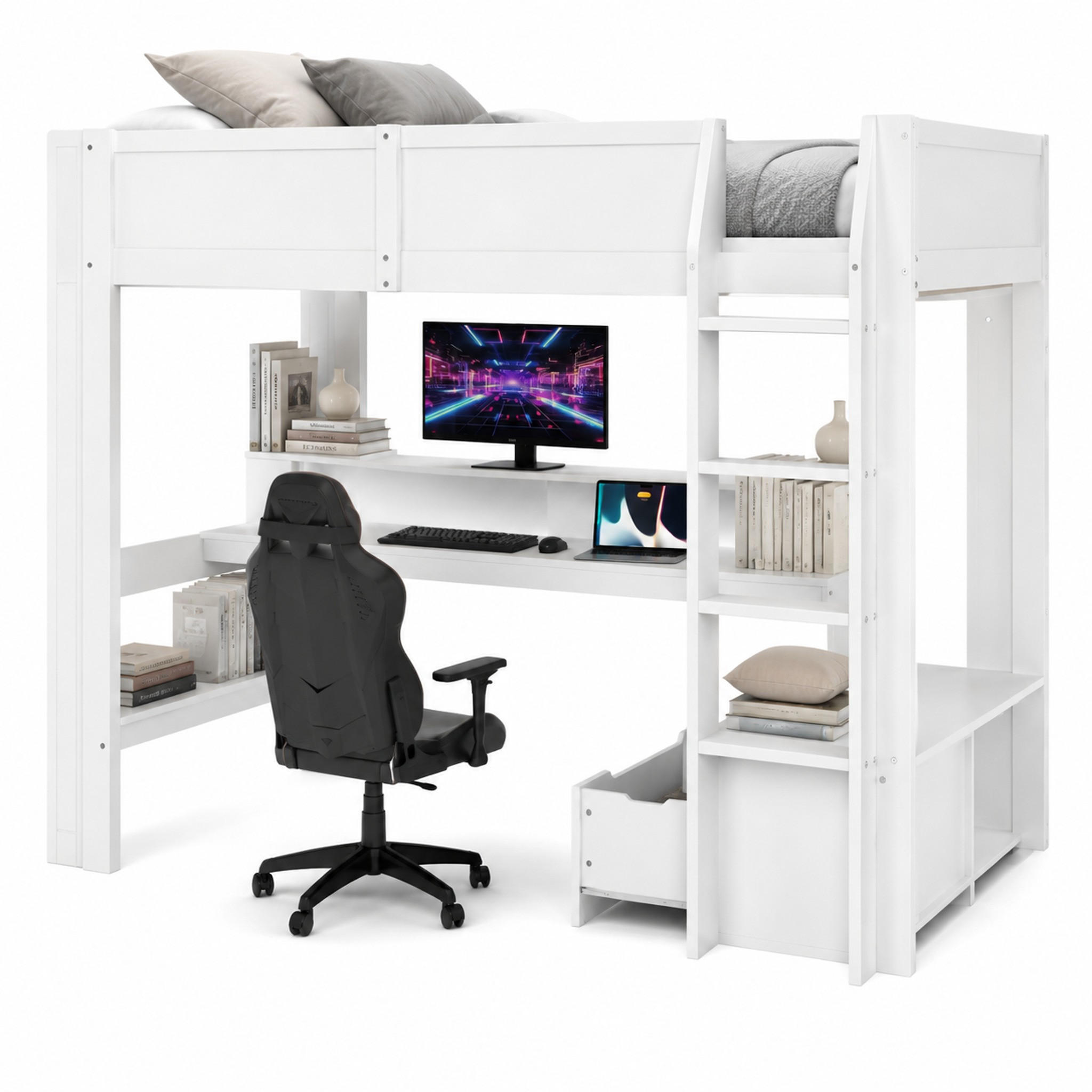 HOCHBETT mit Schreibtisch 90x200 cm Kiefer Weiß mit LED - Weiß, Holz (90/200cm) - Meubliv