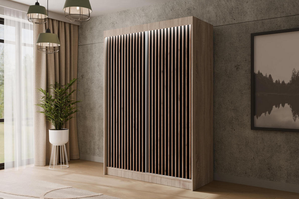 KLEIDERSCHRANK mit LED, Lamel-Schiebetüren VILANv2 - 150 cm Sonoma Eiche + Lamelle Eiche Wotan - Eiche Wotan/Sonoma Eiche, Holzwerkstoff (150/215/61cm) - ALTDECOR