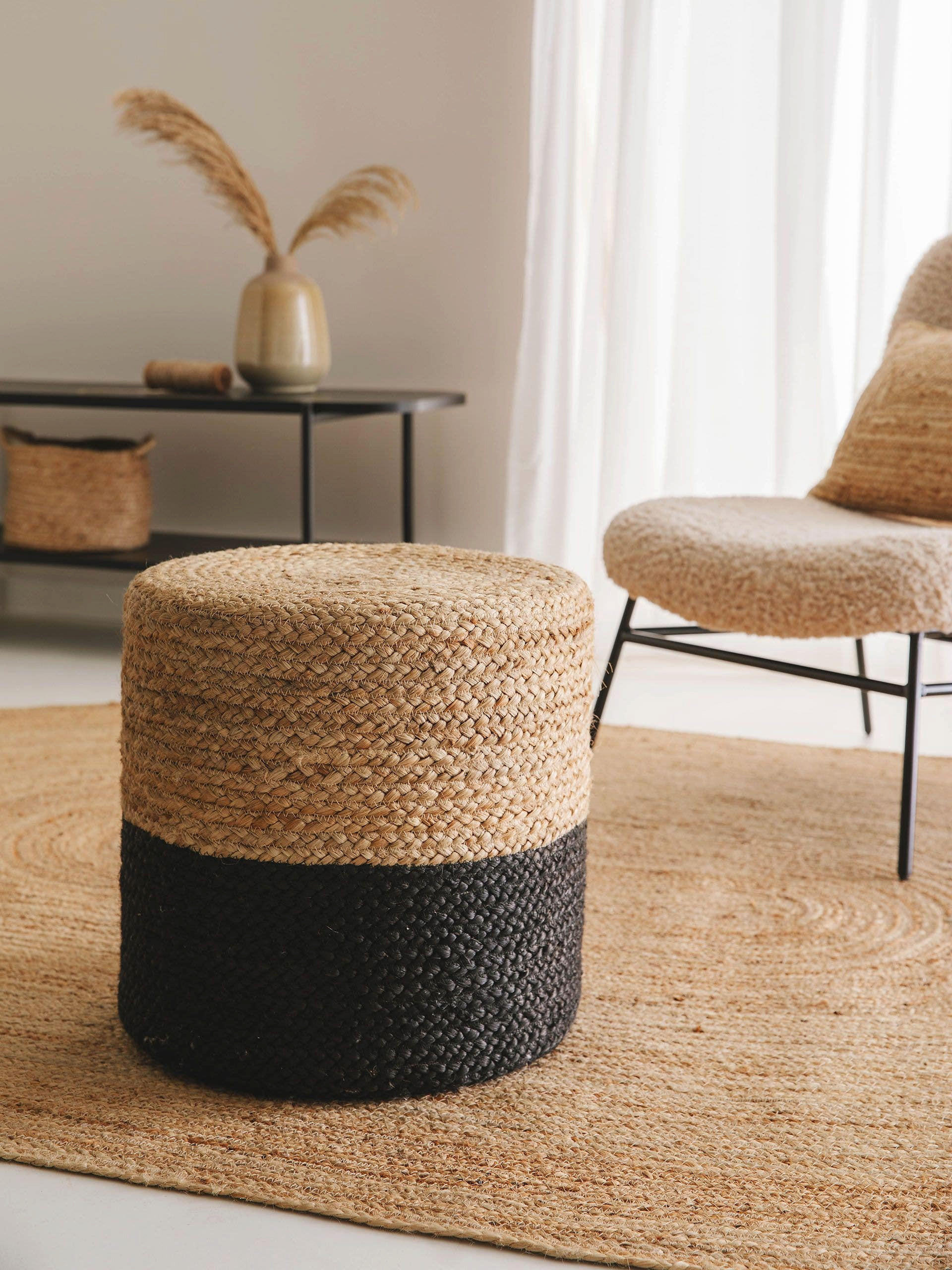 JUTE-POUF handgefertigt Jutta Hellbraun/Schwarz 40x40x40 cm - Hellbraun/Schwarz, Textil (40/40/40cm) - benuta Pure