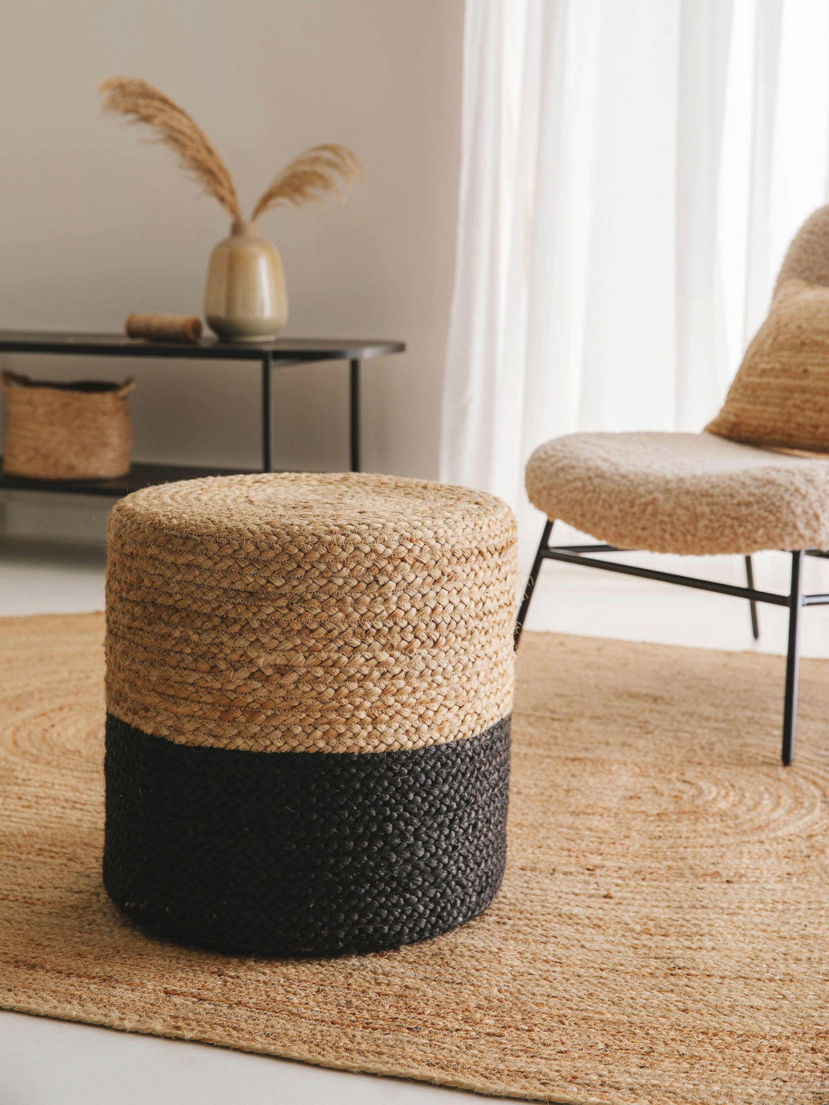 JUTE-POUF handgefertigt Jutta Hellbraun/Schwarz 40x40x40 cm - Hellbraun/Schwarz, Textil (40/40/40cm) - benuta Pure