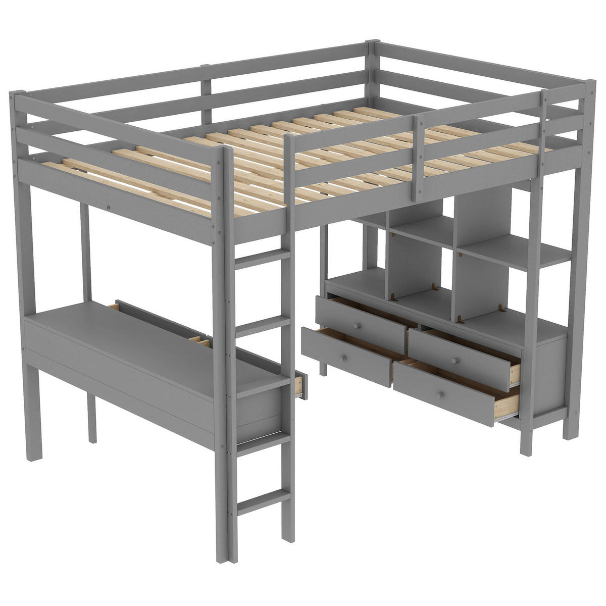 HOCHBETT 140x200cm Grau Kinderhochbett Stauraumschubladen Schreibtisch - Grau, Holz (140/200cm) - FLIEKS